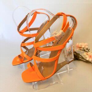 Vibrant Orange Clear Heeled Wedge Sandals, Size 9